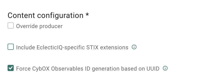 Outgoing feeds using STIX 1.2 content type now have option to produce CybOX observables with UUIDs.