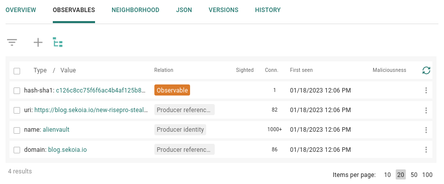 **Observables** tab displays a list of observables, with the link type displayed in the **Relations** column. 