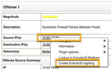 Right-click on a field to create a sighting using the context-menu.