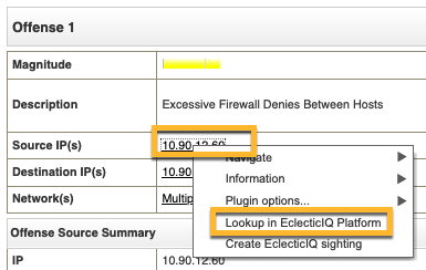 Right-click on a field to lookup the value of the field on EclecticIQ Platform.