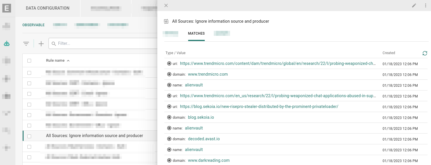 Matches tab displays observables that this rule currently matches. 