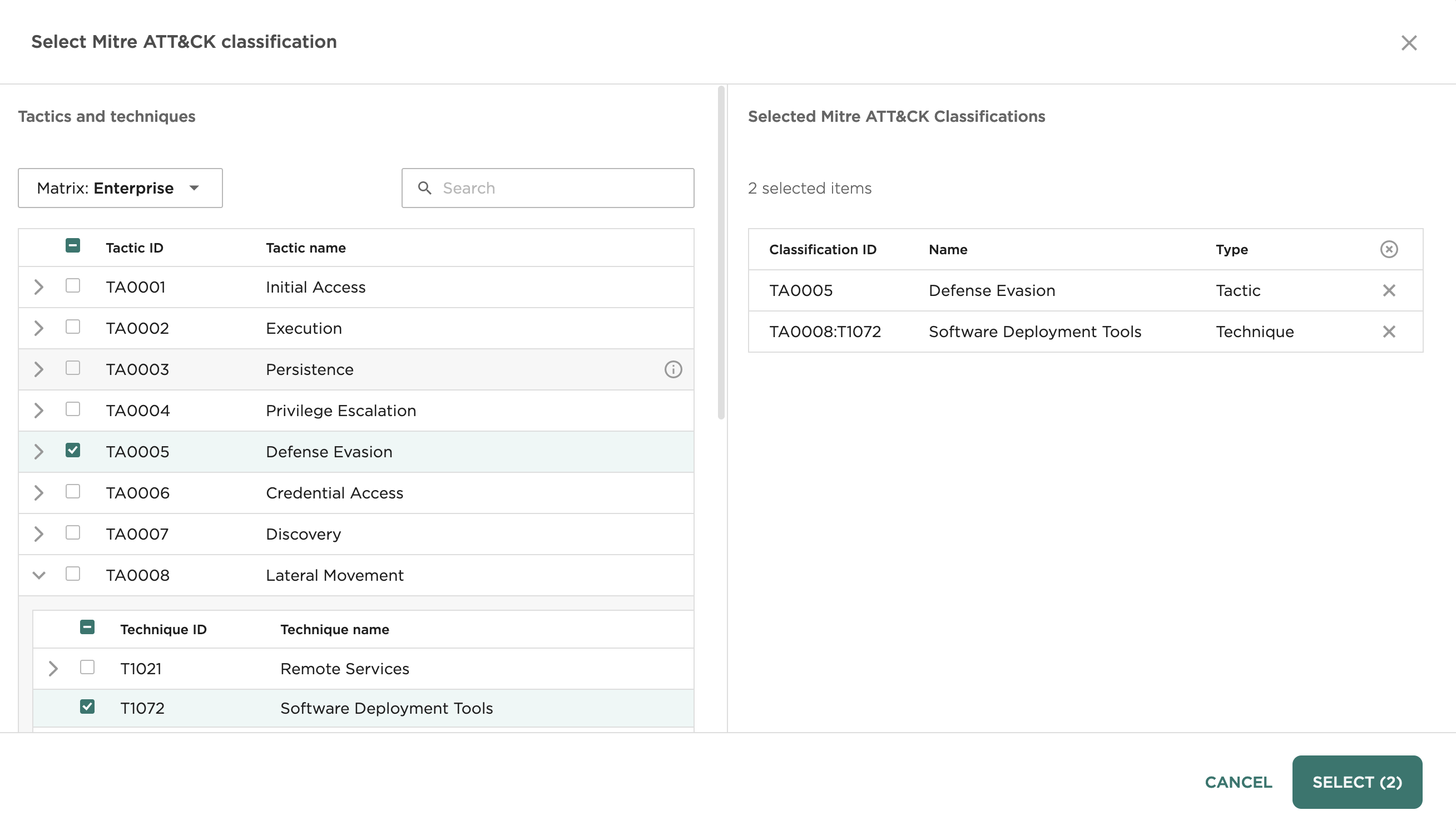 Select MITRE ATT&CK classification modal