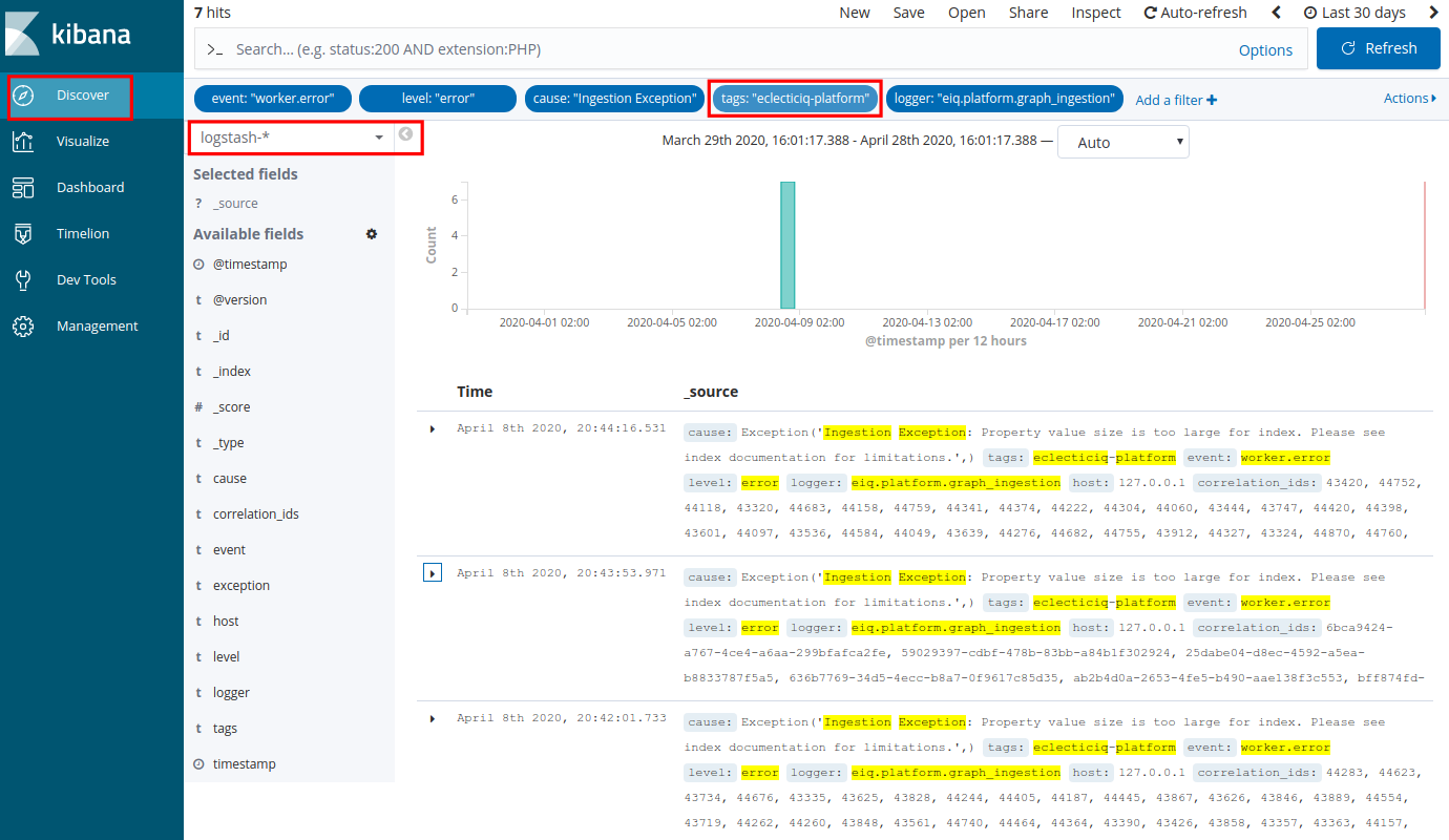 In this example, the search returns error logs about ingestions in EclecticIQ Intelligence Center, recorded by the graph ingestion task.