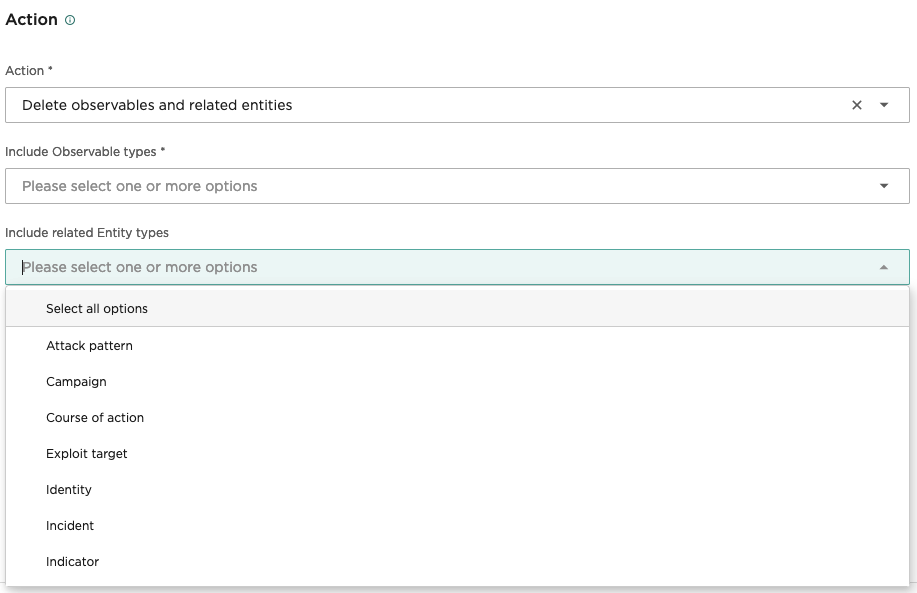 Select specific related entity types for Delete observables and related entities policy action.