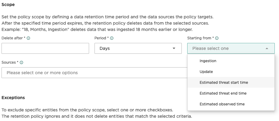 New Starting from values for retention policy scopes